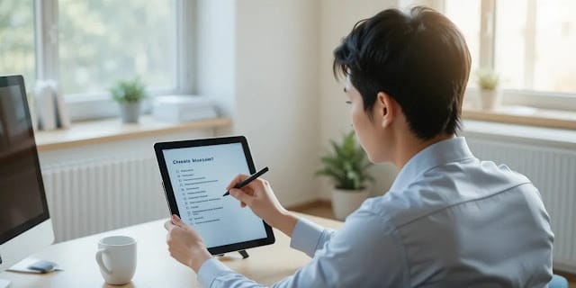 태블릿으로 자가 체크리스트를 보는 모습