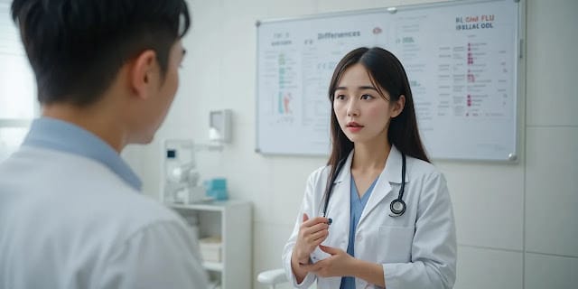 감기와 독감의 차이를 설명하는 의사의 모습