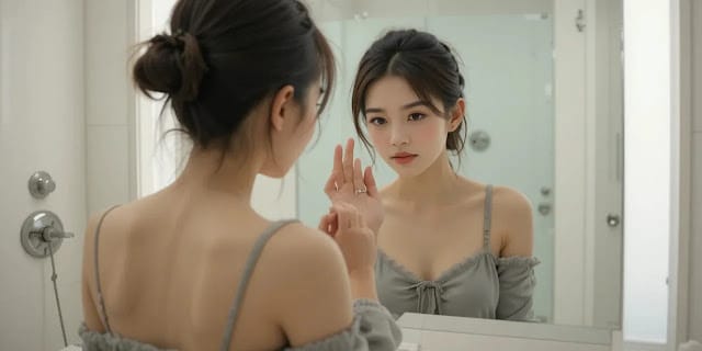 거울 앞에서 손 상태를 확인하는 여성의 모습