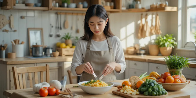 단백질이 풍부한 식단 준비하는 여성의 모습