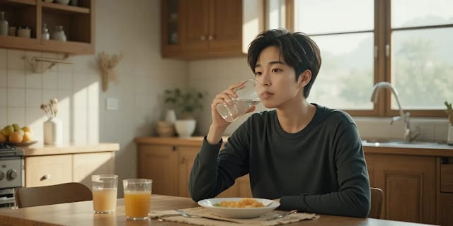 피로한 표정으로 아침 물을 마시는 모습