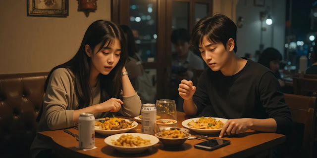 늦은 밤 탄수화물 위주 식사를 하는 커플의 모습