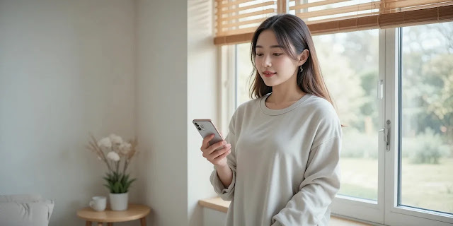 건강 상태를 조회하고 안심하는 여성의 모습 건강 결과를 확인한 후 안도하는 여성의 모습