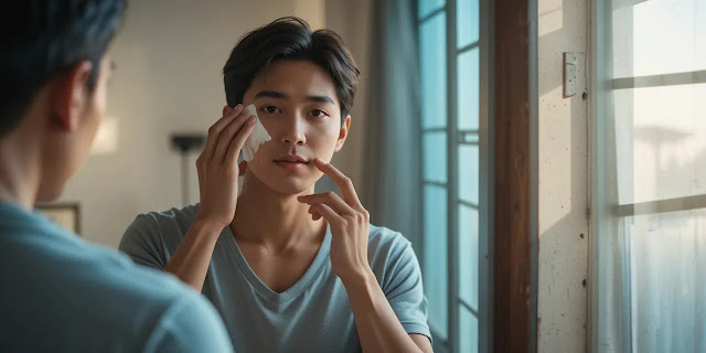 거울 앞에서 선크림을 바르는 남성의 모습