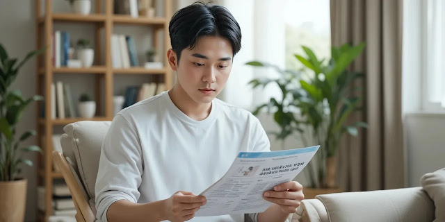 출력된 건강검진 서류를 읽고 있는 남성의 모습 건강검진 안내문을 확인하는 남성의 모습