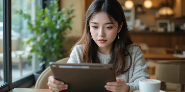 태블릿으로 스킨케어 정보를 찾는 여성의 모습