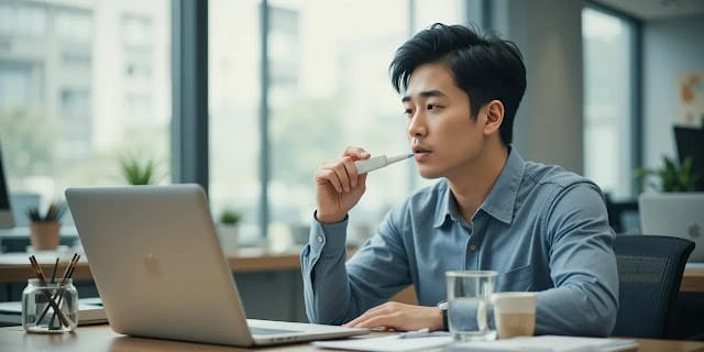 체온을 확인하며 몸 상태를 살피는 남성의 모습