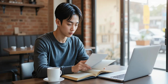 카페에서 다이어트 일지를 정리하는 남성의 모습