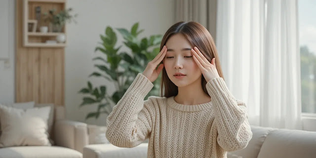 눈 피로를 풀기 위한 일상 모습 눈을 마사지하며 휴식 중인 여성의 모습