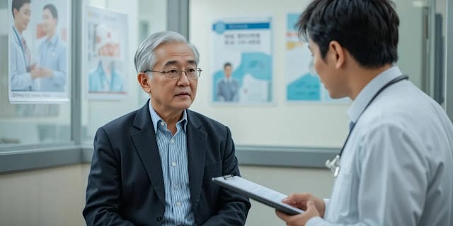 병원에서 국가건강검진 항목을 설명 듣는 중년 남성의 모습