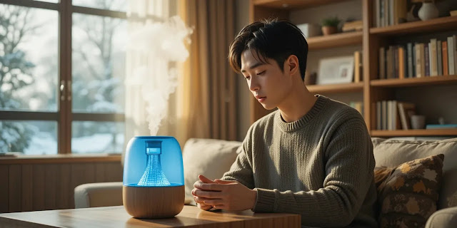 겨울철 가습으로 건조한 실내환경을 관리하는 모습 겨울철 건조한 거실에서 가습기를 사용하는 모습