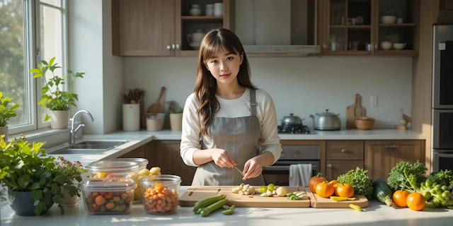 건강식 식단을 준비 중인 여성의 모습