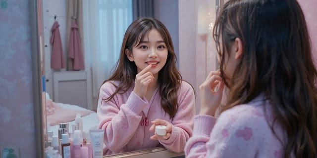거울 앞에서 립밤을 바르는 소녀의 모습