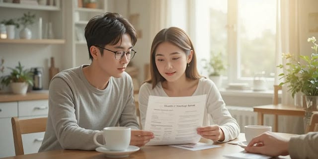 식탁에서 국건강검진 서류를 함께 읽는 부부의 모습
