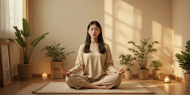 집에서 명상 중인 여성의 모습