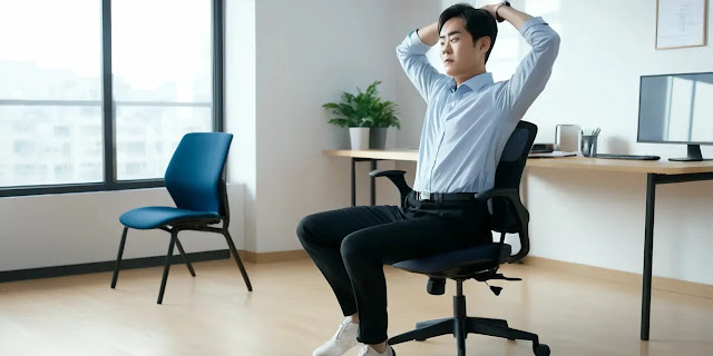 무용 의자에 앉아 허리를 비트는 의자 스트레칭 동작을 하는 모습 사무실 책상 앞에서 의자 스트레칭을 하는 모습