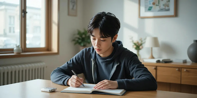 책상에서 감량 계획을 정리하는 일상적인 장면 다이어트 일지를 집중해서 기록하는 모습