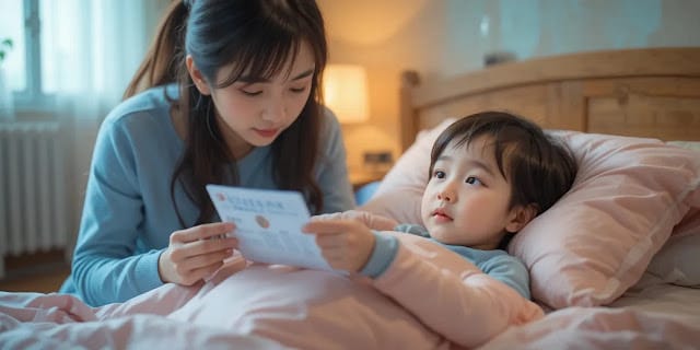 아이의 증상을 걱정하며 약 설명을 보는 엄마의 모습