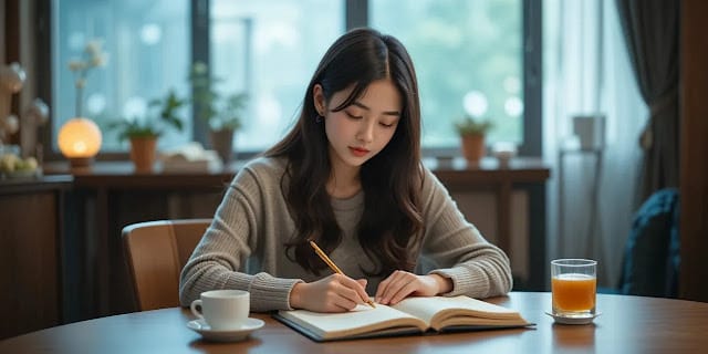 건강일지를 쓰며 손 상태를 기록하는 여성의 모습