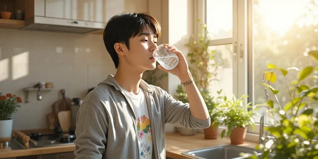 주방에서 물을 마시며 건강을 챙기는 남성의 모습