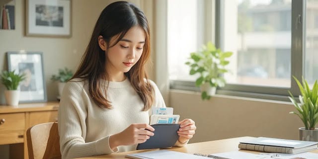 건강검진 준비물을 가방에 챙기는 여성의 모습