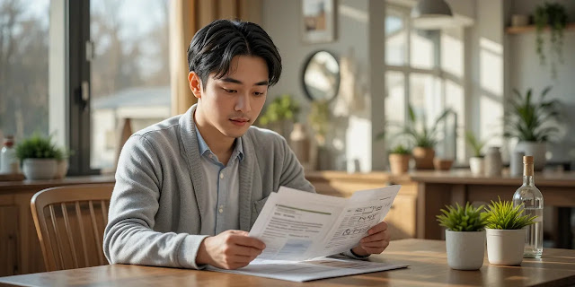겨울철 건강정보를 확인하는 차분한 모습 식탁에서 겨울 건강기록을 살펴보는 모습