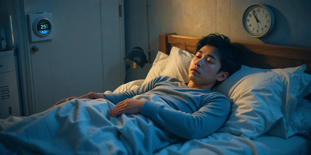 겨울밤 수면에 어려움을 겪는 남성의 모습 이불 속에서 뒤척이며 잠 못 이루는 남성 모습