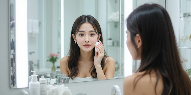 화장실 거울 앞에서 화장솜으로 보습제를 바르는 모습