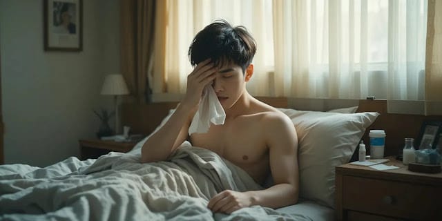 재채기하며 고열로 고생 중인 남성의 모습
