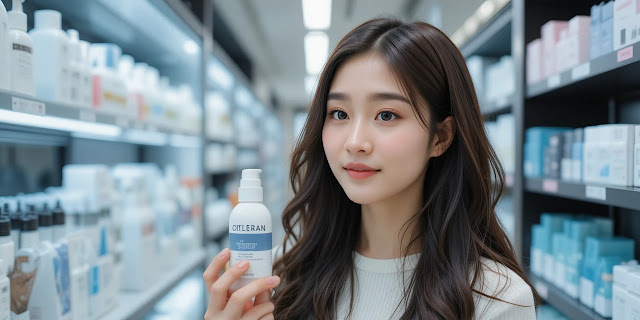 화장품 매장에서 제품을 비교하는 여성의 모습