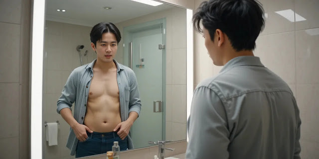 거울 앞에서 뱃살을 확인하는 남성의 모습