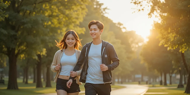 공원에서 산책하는 유산소 운동을 하는 커플의 모습