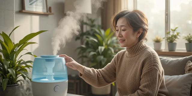 가습기를 켜는 중년 여성의 모습