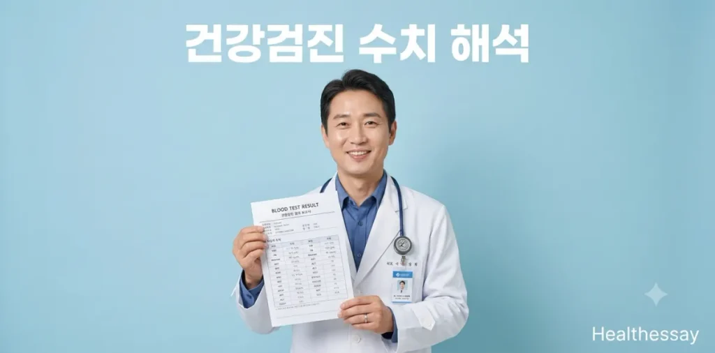 남성 의사가 건강검진 혈액검사 수치 해석 결과지를 매우 꼼꼼히 확인하는 모습