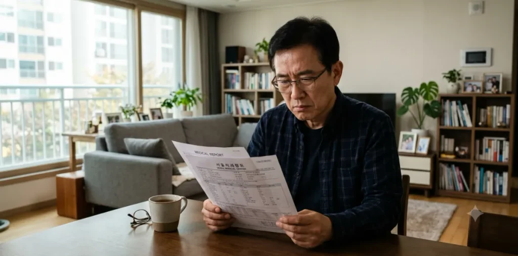 평범한 중년 남성이 거실 소파에 앉아 복잡한 건강검진 결과표를 유심히 읽는 장면
