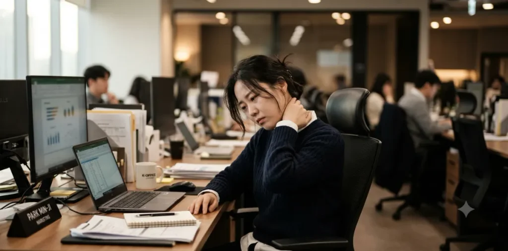 사무실 책상에 앉은 직장인 여성이 과로로 인해 목과 어깨를 꾹꾹 주무르는 모습