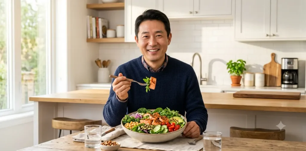 중년 남성이 주방 식탁에서 신선한 연어와 싱싱한 채소 샐러드를 섭취하는 장면