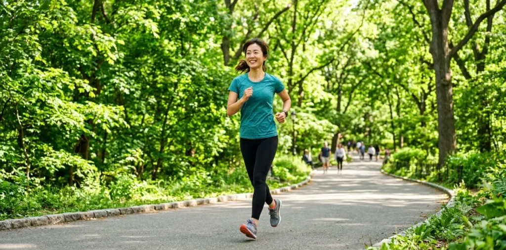 식사를 마친 여성이 푸른 공원 산책로를 따라 아주 가볍게 걷기 운동을 하는 모습