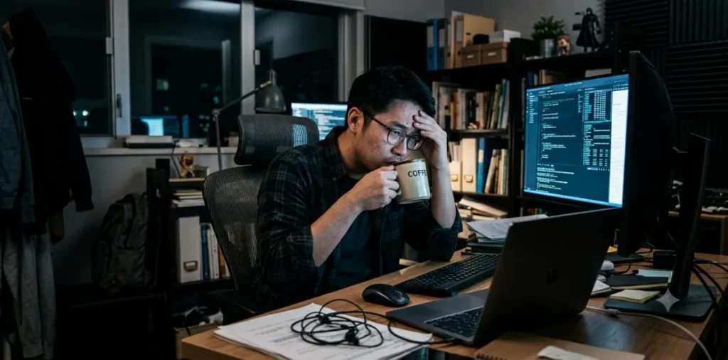 늦은 밤 어두운 서재에서 커피를 마시며 극심한 업무 스트레스를 견디고 있는 장면