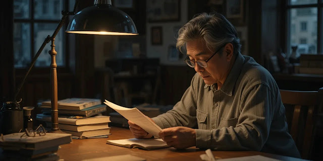 따뜻한 조명 아래 비타민D 복용 설명서를 읽는 노인의 모습
