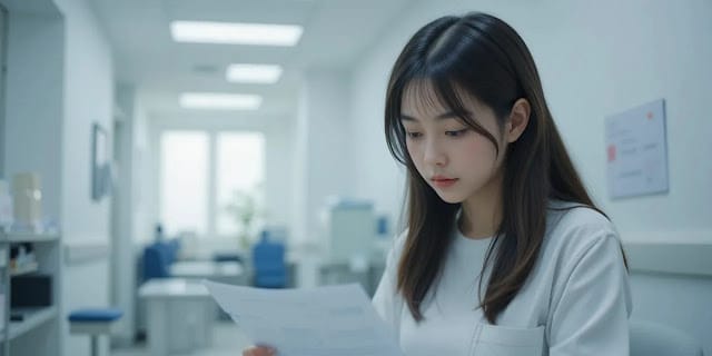 병원 문서를 살펴보며 설명을 듣는 모습