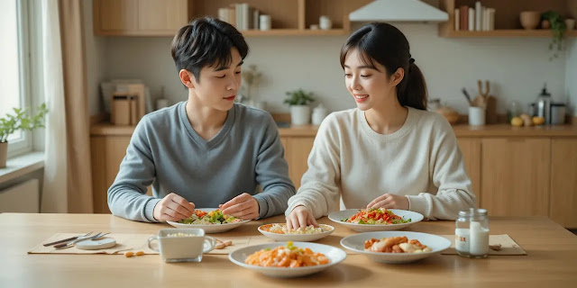 식단과 영양제를 놓고 함께 식사 준비하는 모습