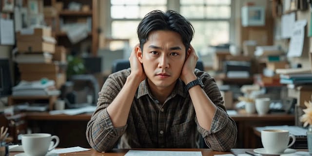 피로한 모습으로 책상에 앉아 있는 남성의 모습