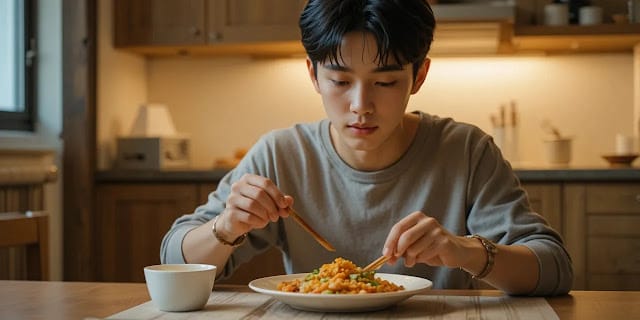 검진 전 가벼운 식사를 마무리하는 모습