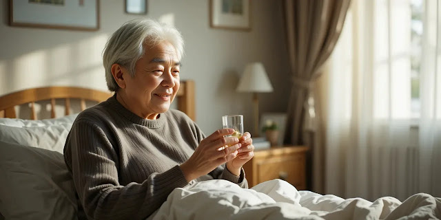 침대 옆에서 보조제를 복용하는 모습