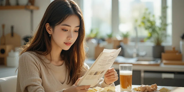 아침에 영양제 라벨을 읽고 는 모습
