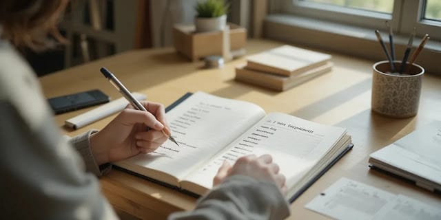 영양제 복용을 꼼꼼하게 기록하는 계획적인 모습 노트에 복용 체크리스트를 손글씨로 정리하며 계획하는 모습
