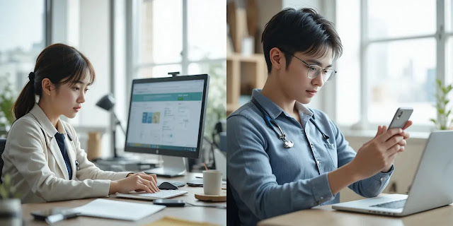 사무실과 집에서 각기 다른 방식으로 건강정보를 확인하는 장면