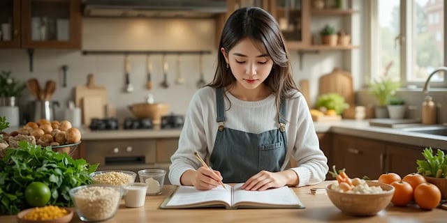 주방에서 식단 계획을 정리하는여성의 모습