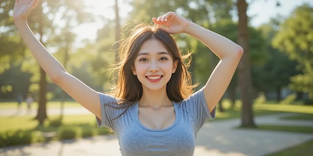 아침 햇살 아래 스트레칭하는 여성의 모습